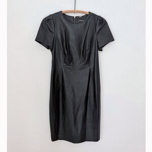 Calvin Klein Faux Leather Puff Sleeve Sheath Dress‎ Black 6 Mob Wife LBD